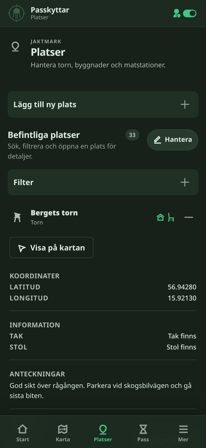 Details for a saved location